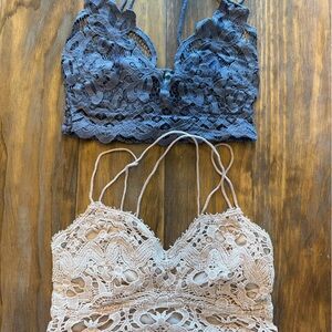 Free People Lace Bandeau Set in Blue and Beige